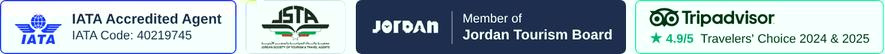 IATA accredited agent, Jordan Tourism Board member, Jordan Society of Tourism and Travel Agents, Tripadvisor Travelers' Choice